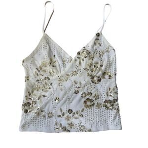 Studio Beaded Sequin Mesh Cami Top Ivory Gold Embellished Size Medium